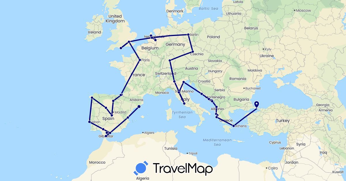 TravelMap itinerary: driving in Albania, Czech Republic, Germany, Spain, France, United Kingdom, Gibraltar, Greece, Croatia, Italy, Montenegro, Netherlands, Portugal, Turkey (Asia, Europe)