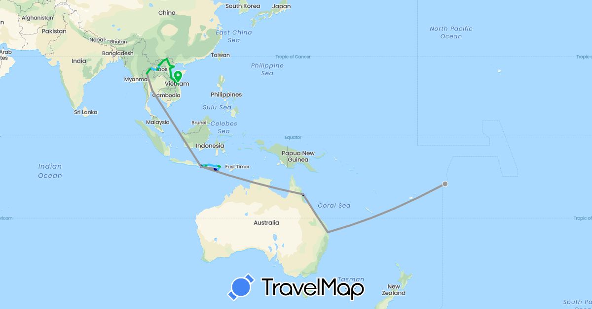 TravelMap itinerary: driving, bus, plane, hiking, boat in Australia, Indonesia, Laos, Thailand, Vietnam, Samoa (Asia, Oceania)
